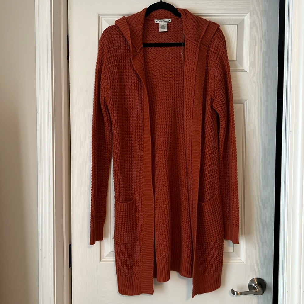 Burnt orange, long sleeve, hooded cardigan